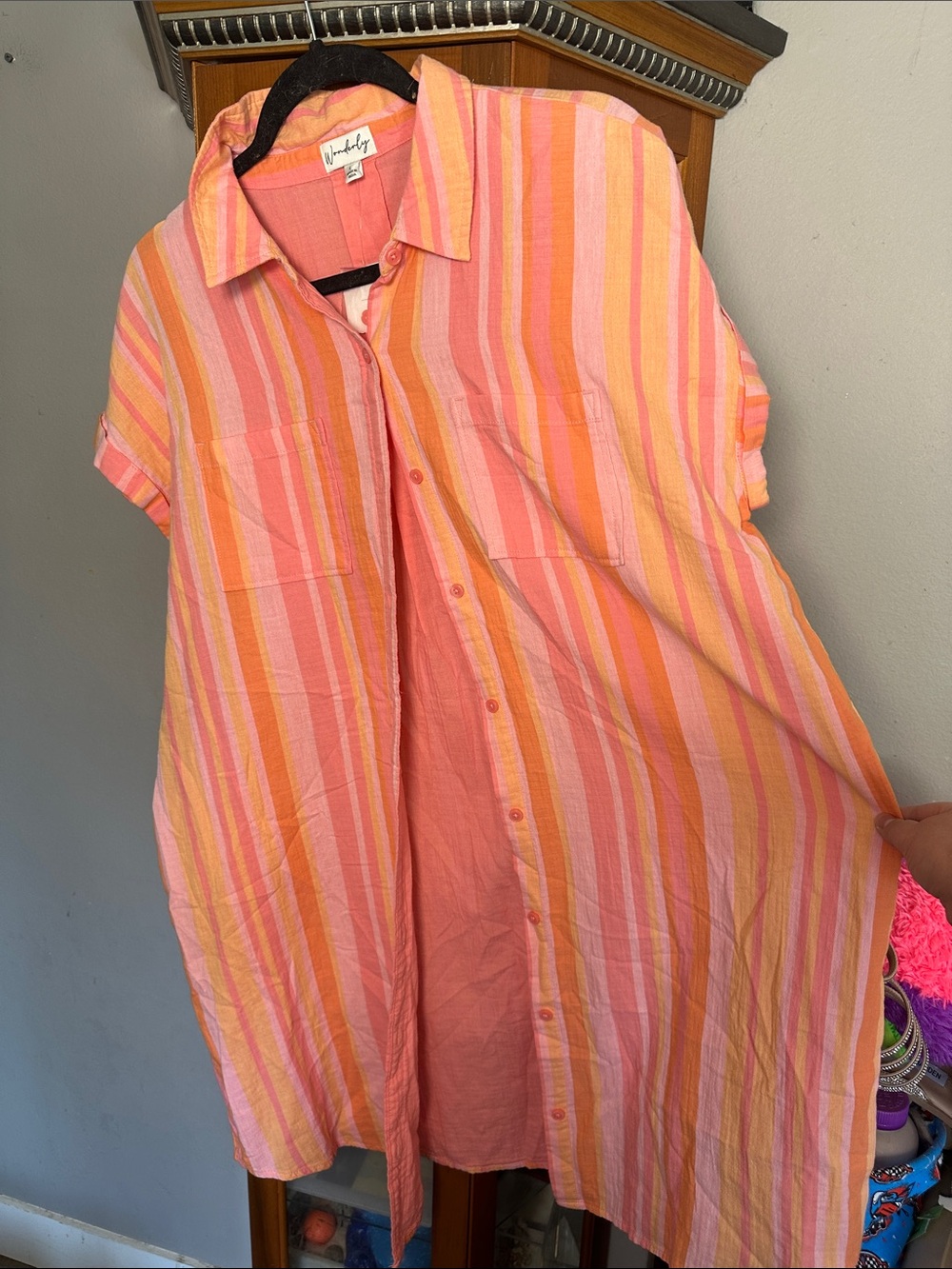 Wonderly Pink, Coral & Yellow Striped Midi Shirt Dress